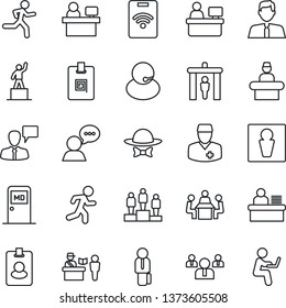 Thin Line Icon Set - passport control vector, security gate, male, reception, medical room, speaking man, pedestal, team, manager place, run, doctor, support, speaker, identity card, desk, meeting