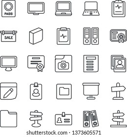 Thin Line Icon Set - passport vector, identity, office binder, notebook pc, document, pulse clipboard, signpost, monitor, laptop, folder, notes, photo gallery, presentation board, blank box, sale