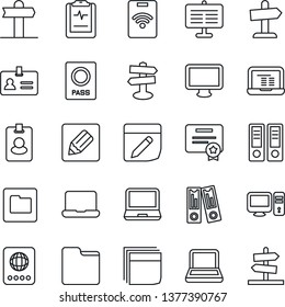 Thin Line Icon Set - passport vector, identity, office binder, notebook pc, pulse clipboard, signpost, monitor, laptop, folder, notes, presentation board, blank box, pass card, certificate