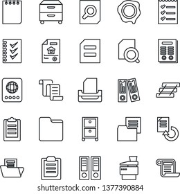 Thin Line Icon Set - passport vector, contract, office binder, document search, notepad, reload, stamp, folder, clipboard, checklist, paper tray, archive box, copier, estate