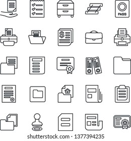 Thin Line Icon Set - passport vector, stamp, office binder, document, printer, receipt, folder, clipboard, case, news, checklist, paper tray, archive box, contract, estate, certificate