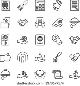 Thin Line Icon Set - passport vector, ladder car, document, garden fork, glove, heart hand, touch screen, finger up, fingerprint id, handshake, contract, estate, waiter, remote control, palm sproute
