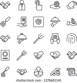 Thin Line Icon Set - passport vector, ladder car, handshake, document, garden fork, farm, glove, client, touch screen, fingerprint id, waiter, palm sproute, investment, contract