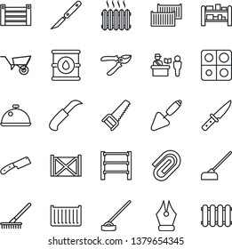 Thin Line Icon Set - passport control vector, trowel, rake, wheelbarrow, pruner, saw, hoe, garden knife, scalpel, cargo container, oil barrel, rack, application, paper clip, ink pen, heater, dish