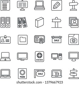 Thin Line Icon Set - passport vector, identity, office binder, notebook pc, document, signpost, monitor, laptop, folder, notes, photo gallery, presentation board, blank box, sale, certificate