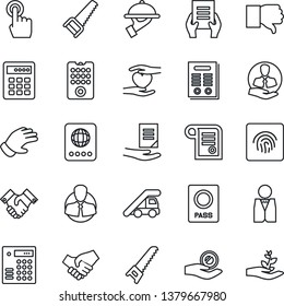 Thin Line Icon Set - passport vector, ladder car, document, glove, saw, heart hand, client, touch screen, finger down, fingerprint id, handshake, contract, waiter, remote control, combination lock