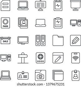Thin Line Icon Set - passport vector, identity, office binder, document, pulse clipboard, signpost, monitor, laptop pc, folder, notes, photo gallery, presentation board, blank box, notebook, sale