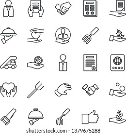 Thin Line Icon Set - passport vector, ladder car, handshake, document, garden fork, farm, glove, saw, heart hand, client, finger up, contract, waiter, palm sproute, investment