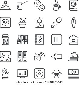 Thin Line Icon Set - passport vector, left arrow, manager, office binder, statistic monitor, seedling, house, hose, pills bottle, chain, pause button, rec, brightness, coffee, checklist, paper, cash