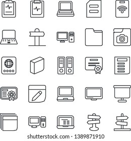 Thin Line Icon Set - passport vector, office binder, notebook pc, document, pulse clipboard, signpost, monitor, laptop, folder, notes, photo gallery, presentation board, blank box, pass card