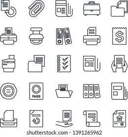 Thin Line Icon Set - passport vector, office binder, document, reload, stamp, printer, contract, receipt, folder, news, case, paper clip, checklist, tray, copier, estate