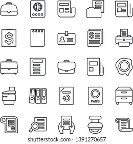 Thin Line Icon Set - passport vector, identity, document search, notepad, reload, stamp, printer, receipt, news, case, folder, paper binder, archive box, copier, contract
