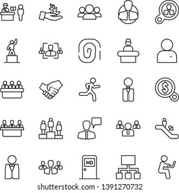 Thin Line Icon Set - passport control vector, escalator, reception, medical room, speaking man, pedestal, team, meeting, run, client, user, hr, waiter, fingerprint, consumer search, group, handshake