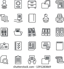 Thin Line Icon Set - passport vector, identity, stamp, contract, office binder, notepad, document, receipt, folder, clipboard, search, checklist, paper, printer, archive box, certificate