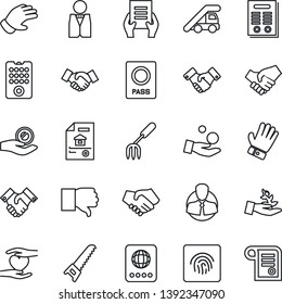 Thin Line Icon Set - passport vector, ladder car, handshake, document, garden fork, glove, saw, heart hand, client, finger down, fingerprint id, contract, estate, waiter, remote control, investment