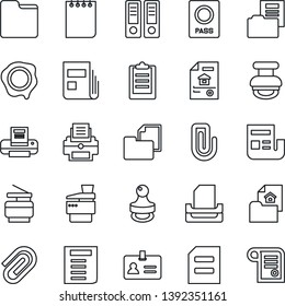 Thin Line Icon Set - passport vector, identity, office binder, notepad, document, stamp, folder, clipboard, paper clip, news, printer, tray, copier, estate, contract