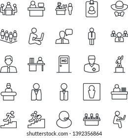 Thin Line Icon Set - passport control vector, male, reception, medical room, manager, pedestal, team, place, doctor, support, speaker, desk, meeting, career ladder, estate agent, waiter, dress code