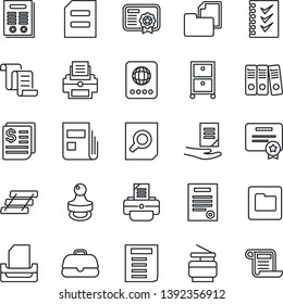 Thin Line Icon Set - passport vector, contract, document search, printer, receipt, folder, news, checklist, paper binder, tray, archive box, copier, stamp, case, certificate