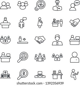 Thin Line Icon Set - passport control vector, escalator, reception, speaking man, team, manager place, hospital, doctor, pregnancy, speaker, group, user, company, desk, meeting, estate agent, money