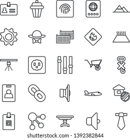 Thin Line Icon Set - passport vector, identity, plane, wheelbarrow, cargo container, no hook, flammable, speaker, settings, chain, fingerprint id, card, mountains, table, estate insurance, socket