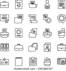 Thin Line Icon Set - passport vector, identity, stamp, notepad, document reload, printer, contract, folder, clipboard, case, paper binder, copier, estate, certificate