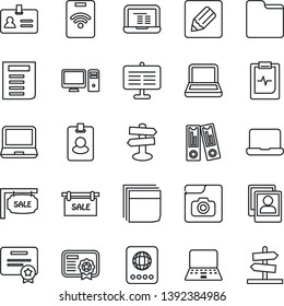 Thin Line Icon Set - passport vector, identity, office binder, notebook pc, document, pulse clipboard, signpost, laptop, folder, notes, photo gallery, presentation board, blank box, sale, pass card