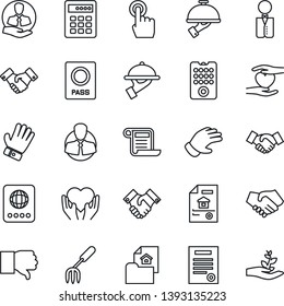Thin Line Icon Set - passport vector, handshake, garden fork, glove, heart hand, client, touch screen, finger down, contract, estate document, waiter, remote control, combination lock, palm sproute