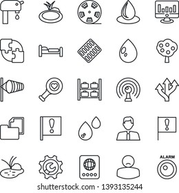 Thin Line Icon Set - passport vector, bed, wind, luggage storage, statistic monitor, water drop, pond, heart diagnostic, pills blister, patient, route, important flag, folder document, reel, antenna
