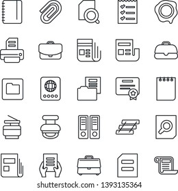Thin Line Icon Set - passport vector, office binder, document search, notepad, stamp, printer, news, folder, case, paper clip, checklist, tray, copier, certificate, contract