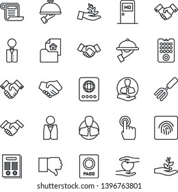 Thin Line Icon Set - passport vector, medical room, handshake, garden fork, heart hand, client, touch screen, finger down, fingerprint id, contract, estate document, waiter, remote control