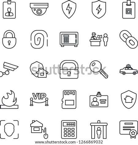 Thin Line Icon Set - passport control vector, security gate, alarm car, safe, lock, identity card, flammable, chain, protect, sd, face id, key, vip zone, home, combination, surveillance, fingerprint