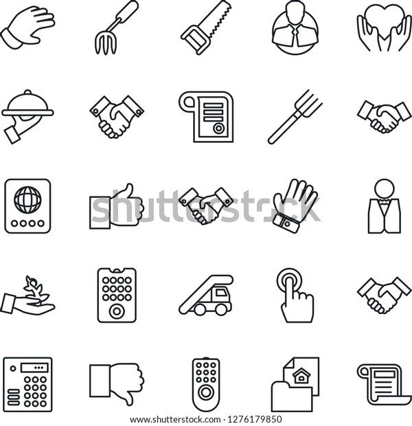 Thin Line Icon Set - passport vector, ladder car,\
handshake, garden fork, farm, glove, saw, heart hand, client, touch\
screen, finger up, down, estate document, waiter, remote control,\
palm sproute