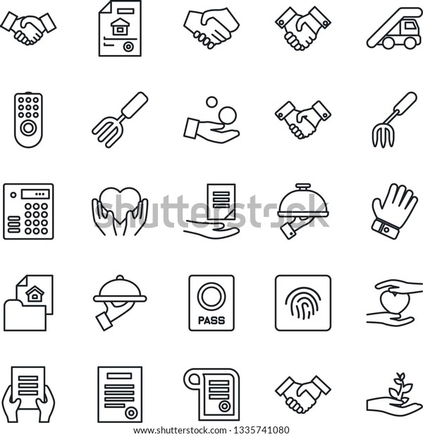 Thin\
Line Icon Set - passport vector, ladder car, handshake, document,\
garden fork, glove, heart hand, fingerprint id, contract, estate,\
waiter, remote control, combination lock,\
investment