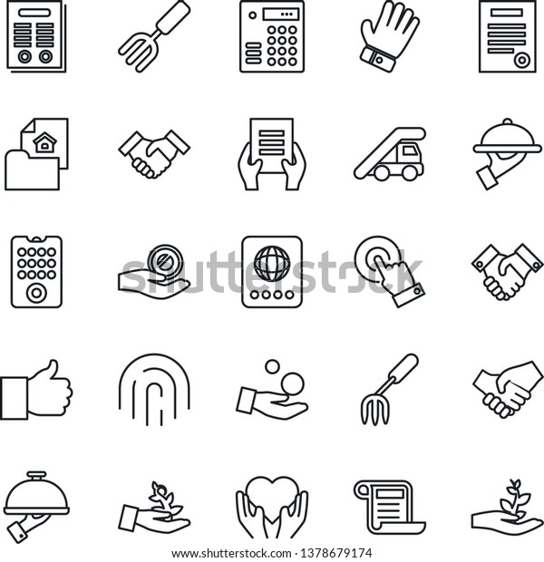 Thin Line Icon Set - passport vector, ladder car,\
document, garden fork, glove, heart hand, touch screen, finger up,\
fingerprint id, handshake, contract, estate, waiter, remote\
control, palm sproute