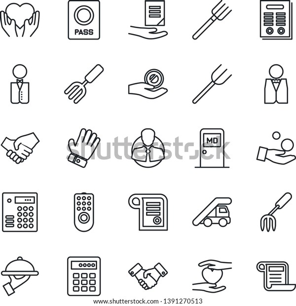 Thin Line Icon Set - passport vector, ladder\
car, medical room, handshake, document, garden fork, farm, glove,\
heart hand, client, contract, waiter, remote control, combination\
lock, investment