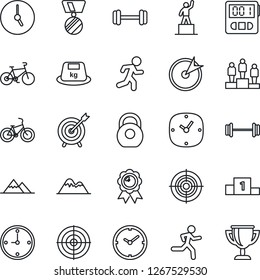 Thin Line Icon Set - pedestal vector, medal, barbell, bike, run, heavy, clock, stopwatch, target, mountains, award cup