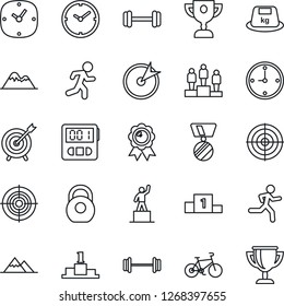 Thin Line Icon Set - pedestal vector, medal, barbell, bike, run, heavy, clock, stopwatch, target, mountains, award cup