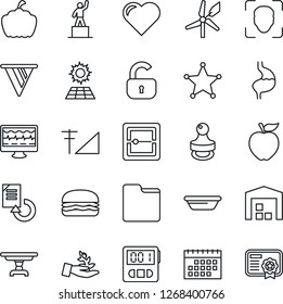 Thin Line Icon Set - pedestal vector, document reload, pumpkin, heart, monitor pulse, stomach, stopwatch, scanner, folder, face id, cellular signal, calendar, stamp, sun panel, warehouse, lock, bowl