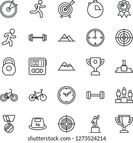 Thin Line Icon Set - pedestal vector, medal, barbell, bike, run, heavy, stopwatch, clock, target, mountains, award cup