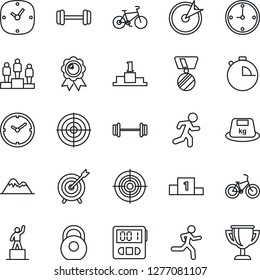 Thin Line Icon Set - pedestal vector, medal, barbell, bike, run, heavy, clock, stopwatch, target, mountains, award cup