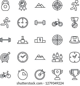 Thin Line Icon Set - pedestal vector, medal, barbell, bike, run, heavy, clock, stopwatch, target, mountains, award cup