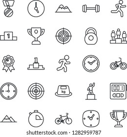 Thin Line Icon Set - pedestal vector, medal, barbell, bike, run, heavy, clock, stopwatch, target, mountains, award cup