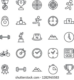 Thin Line Icon Set - pedestal vector, medal, barbell, bike, run, heavy, clock, stopwatch, target, mountains, award cup