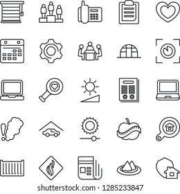 Thin Line Icon Set - pedestal vector, greenhouse, heart, diagnostic, diet, office phone, cargo container, news, laptop pc, settings, calendar, brightness, clipboard, meeting, contract, garage