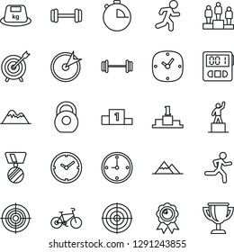 Thin Line Icon Set - pedestal vector, medal, barbell, bike, run, heavy, clock, stopwatch, target, mountains, award cup