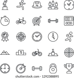 Thin Line Icon Set - pedestal vector, medal, barbell, bike, run, heavy, clock, stopwatch, target, mountains, award cup