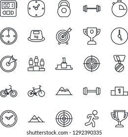 Thin Line Icon Set - pedestal vector, medal, barbell, bike, run, heavy, clock, stopwatch, target, mountains, award cup