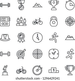 Thin Line Icon Set - pedestal vector, medal, barbell, bike, run, heavy, clock, stopwatch, target, mountains, award cup