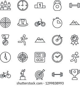 Thin Line Icon Set - pedestal vector, medal, barbell, bike, run, heavy, clock, stopwatch, target, mountains, award cup