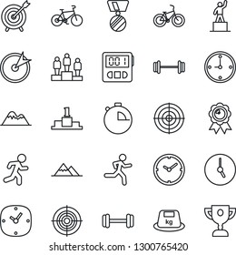 Thin Line Icon Set - pedestal vector, medal, barbell, bike, run, heavy, clock, stopwatch, target, mountains, award cup